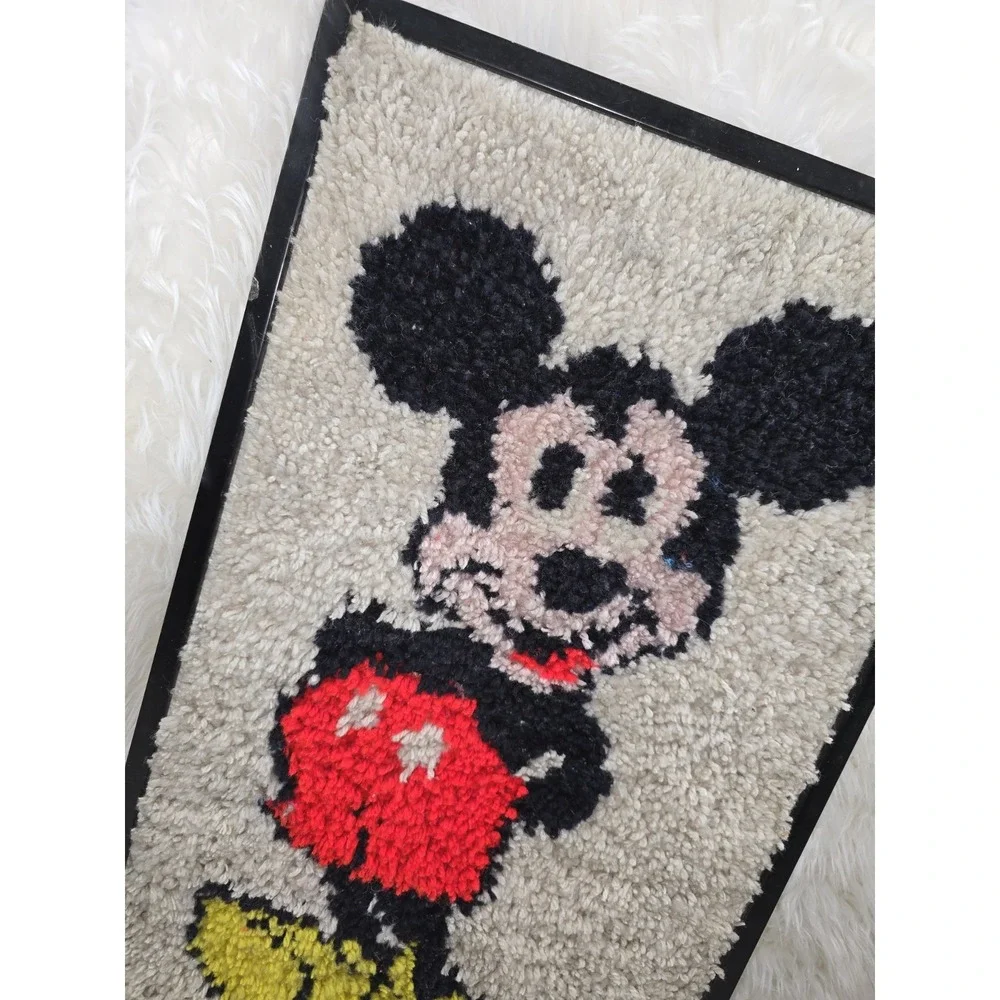 Vintage Framed Disney Mickey Mouse Latch Hook Wall Hanging Bath Rug MCM Retro